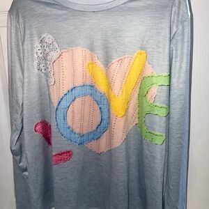 Light Blue Grey "LOVE" Appliqué Long Sleeve Soft Silk Top